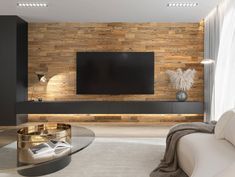 a modern living room with wood paneling on the wall