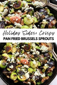 two pictures of brussel sprouts and other vegetables in a skillet