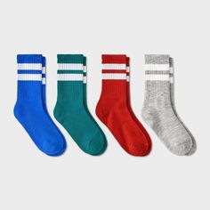 This Boys' 4pk Striped Crew Socks - Cat & Jack™ makes a cozy addition to your kid’s everyday wardrobe. Crafted from a soft knit fabric with spandex for stretchy comfort, these ankle socks are easy on the feet for prolonged wear. The pack includes four pairs in solid multi color neutrals giving you plenty of options for pairing with their everyday outfits. Cat & Jack™: Designed for all children so you can trust it's made for yours. Sporty Multicolor Socks For Winter, Sporty Multicolor Winter Socks, Cotton Socks For Winter Playtime, Casual Cotton Socks For Playtime, Casual Winter Socks For School, Multicolor Casual School Socks, Casual Multicolor School Socks, Space Socks, Cat Socks