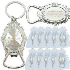 a bottle opener and keychain are shown with the names of each item on it