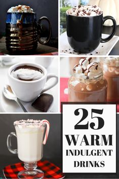 the collage shows different types of hot chocolates and drinks in glass mugs