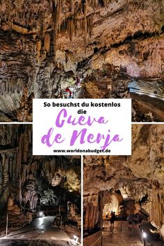 the inside of a cave with people walking through it