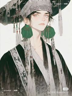 a woman with green earrings and a black hat