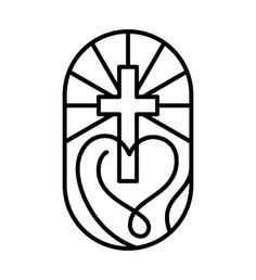 a black and white image of a cross in the shape of a heart with an arrow