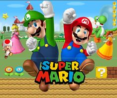 mario and luigi are in the middle of a video game with other characters behind them