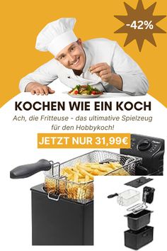 an advertisement for a restaurant with a man in chef's hat and frying pan