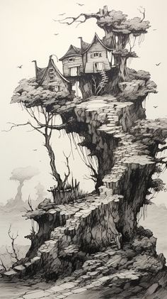 a drawing of houses on top of a cliff with trees growing out of the rocks