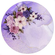 purple and white flowers are in the center of a circular painting