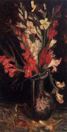 a painting of red and white flowers in a black vase on a brown tablecloth