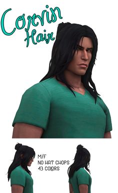 an animation character with long black hair and green t - shirt is shown in three different angles