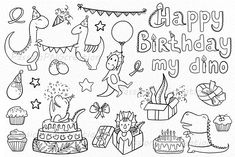 happy birthday to my dad with lots of cake and presents in black ink on white paper