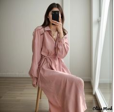 Olivia Mark - Knee-Length Shirt Dress with Belted Waist: Casual Shirt and Dress Combination Summer Long Sleeve Maxi Dress For Office, Spring Office Maxi Dress With Long Sleeves, Spring Long Sleeve Maxi Dress For Office, Pink Long Sleeve Maxi Dress For Work, Casual Long Sleeve Maxi Dress For Office, Dresses Korean Style, Button Down Shirt Dress, Plain Dress, Stylish Blouse