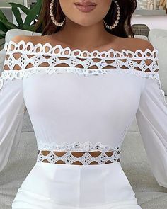 Off Shoulder Lattice Detail Hollow Out Romper sold by girl clothing on Storenvy Rompers Online, Perfect Swimsuit, Romper Outfit, Lace Patchwork, Hottest Fashion Trends, Sleeved Romper, Long Sleeve Romper, Lattice, White Formal Dress