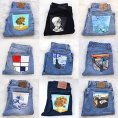 nine pairs of jeans with pictures on them