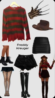 a collage of clothes and accessories including boots, hat, sweater, skirt, gloves