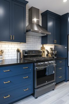 a kitchen with blue cabinets and stainless steel appliances