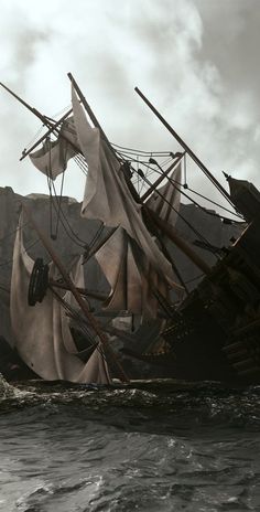 an old pirate ship in the middle of the ocean