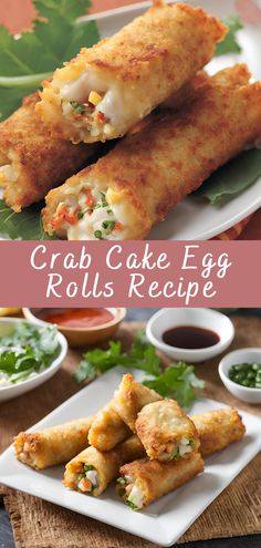 crab cake egg rolls recipe on a plate with dipping sauce and garnishes