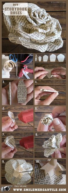 the instructions for how to make an origami rose with newspaper strips and scissors