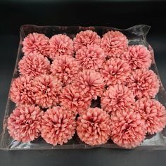 small pink flowers in a clear plastic container