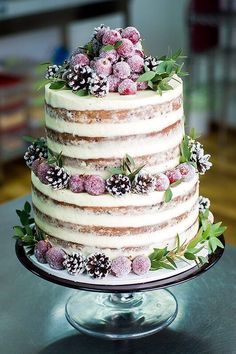 a three layer cake with frosting and berries on top