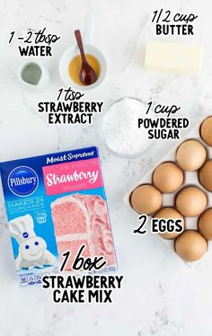 the ingredients to make strawberry cake are shown