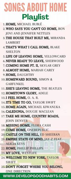 a poster with the words songs about home playlist