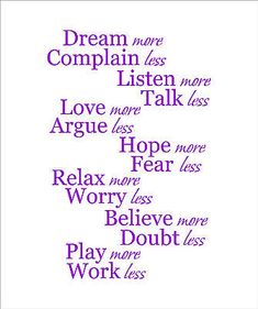 words written in purple on white paper with the words dream, love, hope, and worry