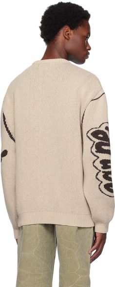 Knit wool- and silk-blend sweater. · Rib knit crewneck, hem, and cuffs · Jacquard graphic at front and sleeve · Jacquard logo at sleeve Supplier color: Beige Wool Jacquard Knit Crew Neck Cardigan, Beige Cartoon, Knit Crewneck, Luxury Streetwear, Designer Fashion, Rib Knit, Knitted Sweaters, Women Wear, Perfect Clothing