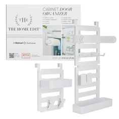 the cabinet door organizer is white and has two shelves on each side, one with an open door