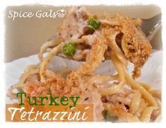 a fork with some food on it and the words turkey tetrazzini above it