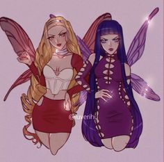 two beautiful women dressed in fairy costumes, one with purple hair and the other with blue eyes