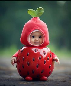 a baby in a red strawberry costume sitting on the ground with a green leaf sticking out of it's head