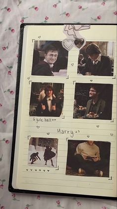 an open notebook with pictures of harry potter and other characters on it's cover