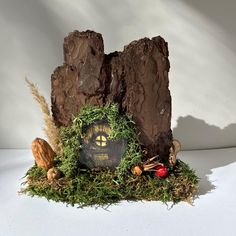 an image of a mushroom house made out of wood and moss with mushrooms around it