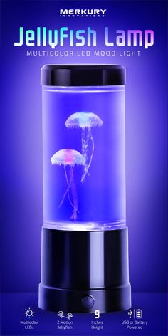 a jellyfish in a glass jar with the words,'jellyfish lamp multicolored mood light '