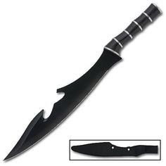 the knife is black and has two blades on each side, with one blade pointed at the