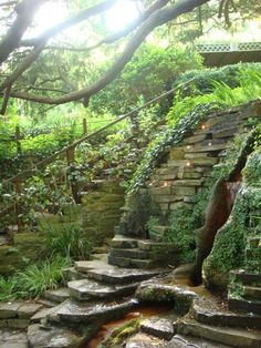 stone steps lead up to an outdoor waterfall