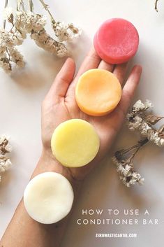 someone holding three soaps in their hand with the text how to use a conditioner bar