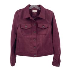 Step Out In Style With Loft's Maroon Faux Suede Denim-Style Jacket. With A Classic Design That Never Goes Out Of Style, This Jacket Is Your New Go-To For Any Occasion. Whether You're Headed To A Casual Brunch Or A Night Out, This Jacket Adds A Touch Of Elegance To Your Outfit. Made From A Mix Of Polyester And Spandex, It Offers The Perfect Balance Of Comfort And Durability. And Guess What? It Comes With Pockets, Perfect For Keeping Your Essentials Close At Hand. New With Tags, This Jacket Is Wai Casual Burgundy Outerwear With Buttons, Fall Denim Jacket For Workwear, Fitted Fall Outerwear With Faux Front Pockets, Fall Workwear Denim Jacket, Fall Denim Jacket With Flap Pockets, Burgundy Button-up Fall Outerwear, Fitted Utility Jacket With Snap Buttons For Fall, Burgundy Button-up Outerwear For Fall, Winter Button-up Outerwear With Faux Front Pockets