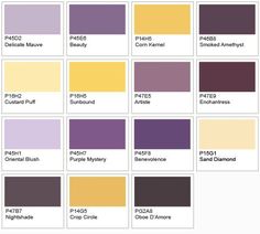 the color chart for different shades of purple, yellow and brown with names in each