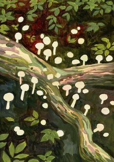 an abstract painting of trees with white mushrooms growing on them