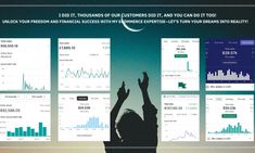 a person raising their hands in front of a screen with graphs and data on it