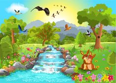 an image of a river with animals in the water and birds flying around it on a sunny day