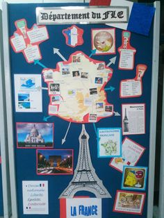 a bulletin board with pictures and information about the eiffel tower in paris, france