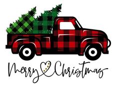 a red truck with a christmas tree in the back and merry lettering on the side