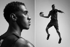 a man is jumping in the air with a basketball and another photo has his head tilted to the side