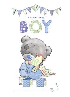 a new baby boy greeting card with a teddy bear holding a stuffed animal