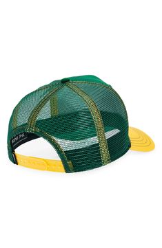 the green and yellow trucker hat is made from mesh, with an adjustable visor