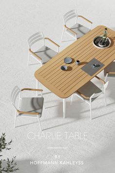 the table is made from wood and has white chairs around it, with a potted plant on top